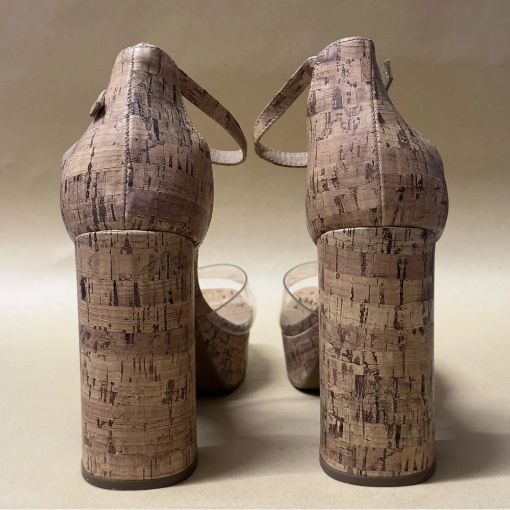 GBG Ankle Strap Cork Platform Sandals Block Heel Clear Band Square Toe 10